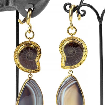 Solid Brass, Ammonite and Botswana Agate Dangle Weights