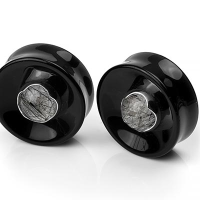 Black Obsidian Plugs with Tourmalated Quartz Inlay