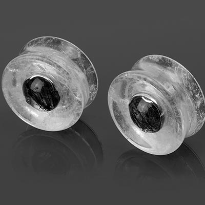 Clear Quartz Plugs with Tourmalated Quartz Inlay