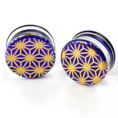 Pyrex Glass Colorfront Plugs - Gold Japanese Star On Cobalt