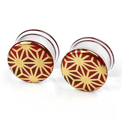 Pyrex Glass Colorfront Plugs - Gold Japanese Star On Ruby