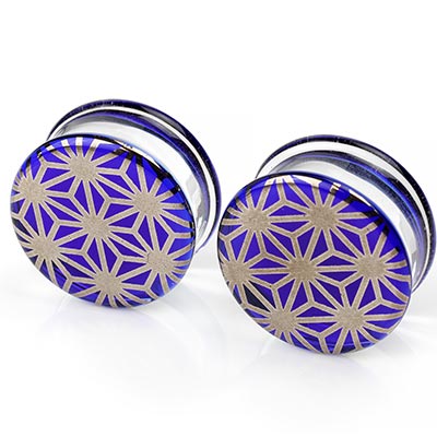 Pyrex Glass Colorfront Plugs - Platinum Japanese Star On Cobalt