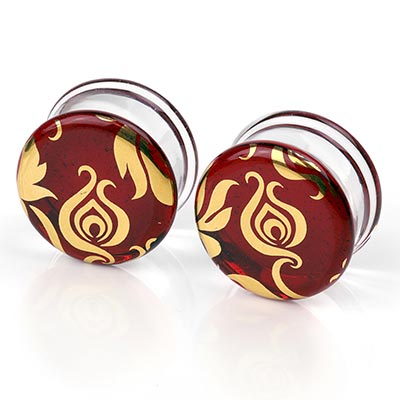 Pyrex Glass Colorfront Plugs - Gold Flora and Fauna On Ruby